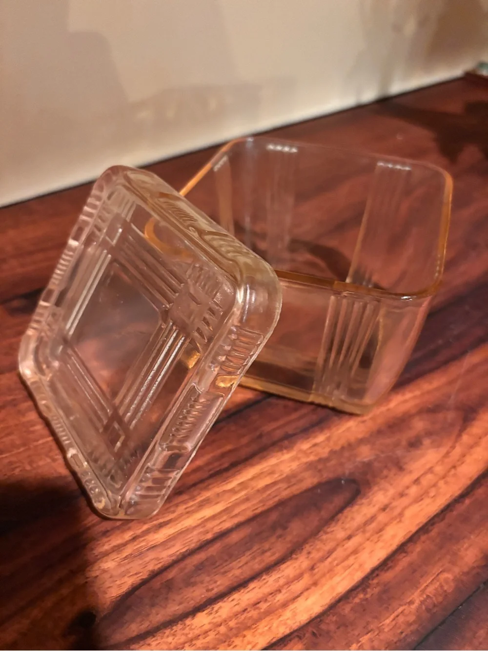 Vintage Hazel Atlas 4” Square Pink Criss Cross Refrigerator Dish with Lid